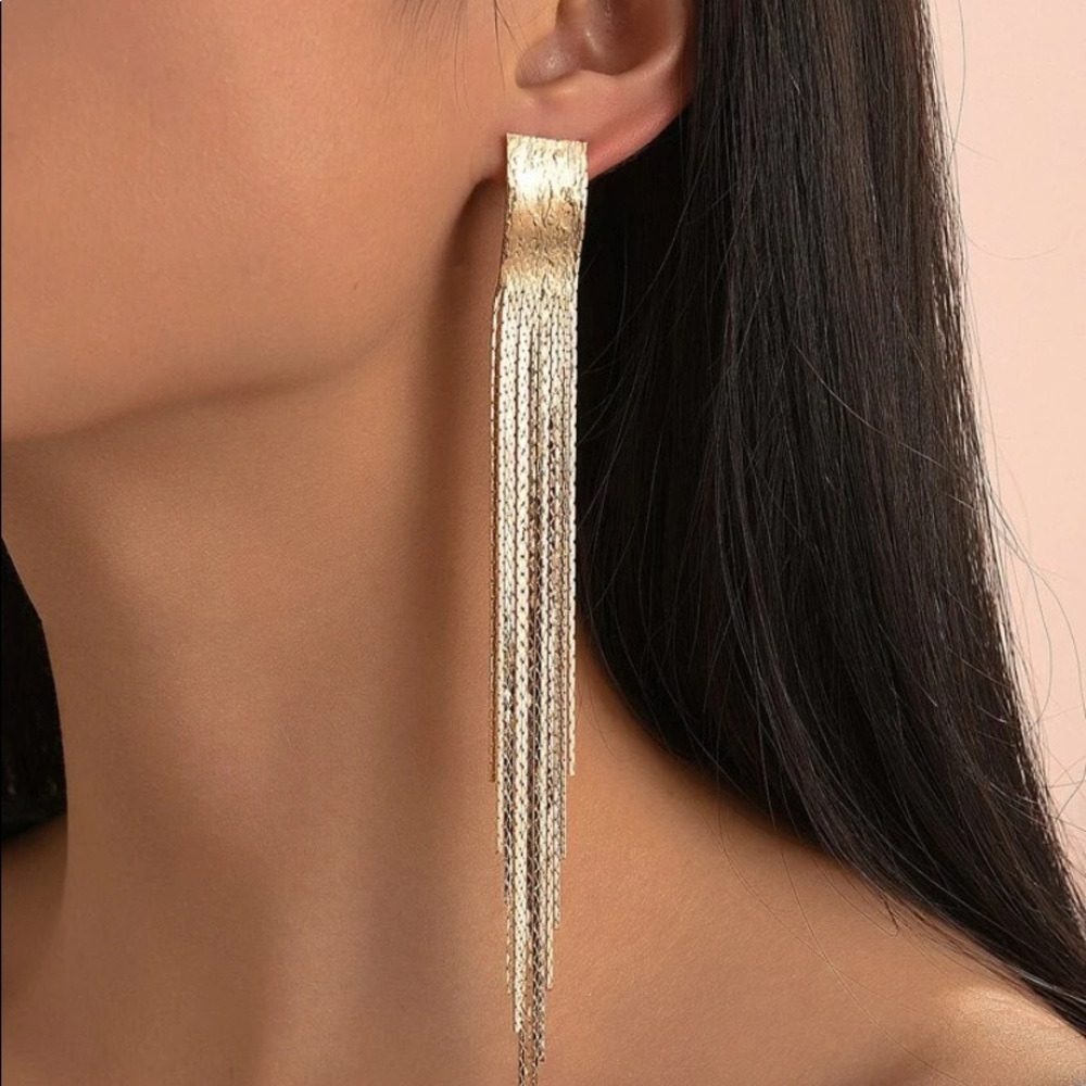 Gold Metal Tassel Dangle Earrings